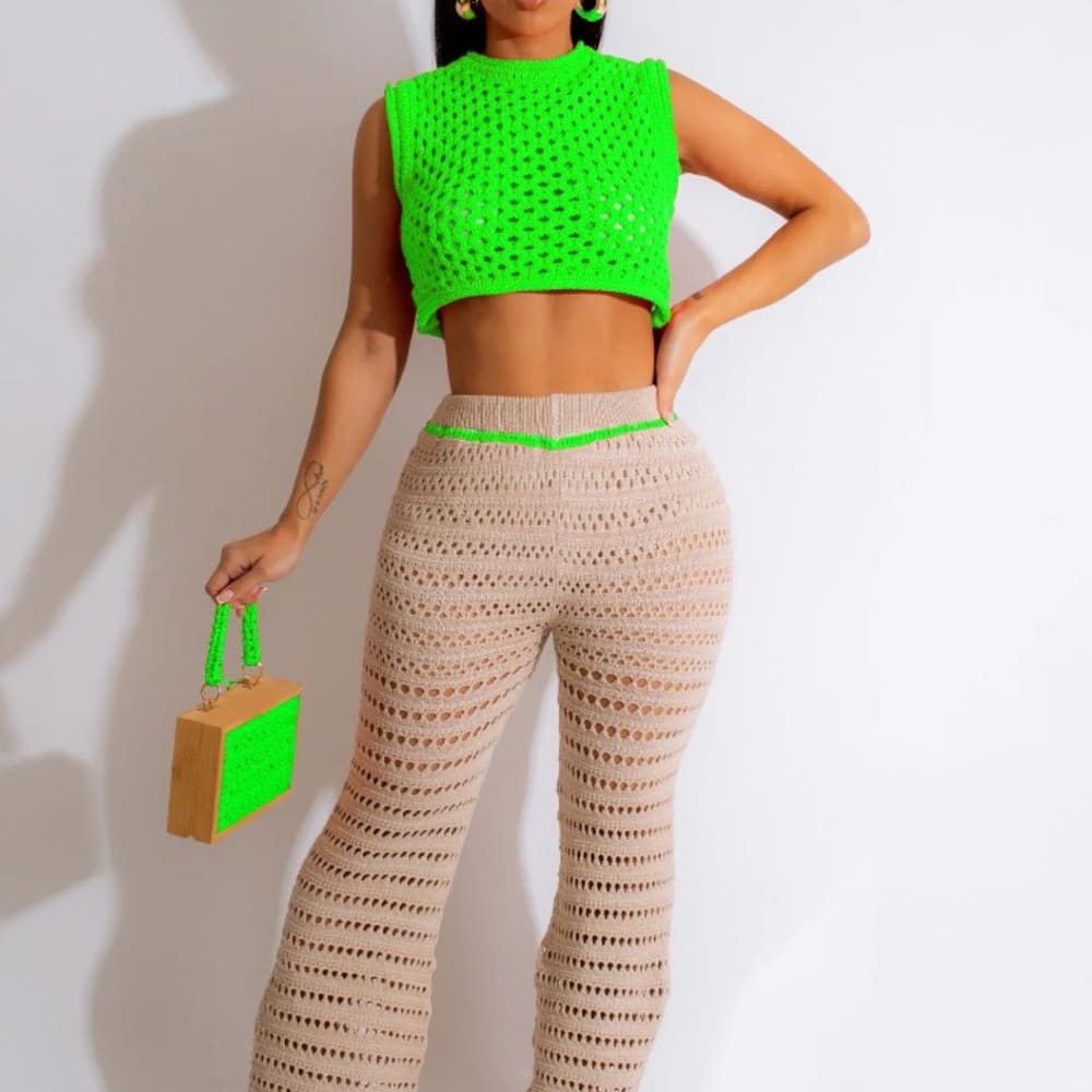 2023 Summer Knit Rib 2-Piece Set: Sleeveless Crop Top + Wide Leg Pants